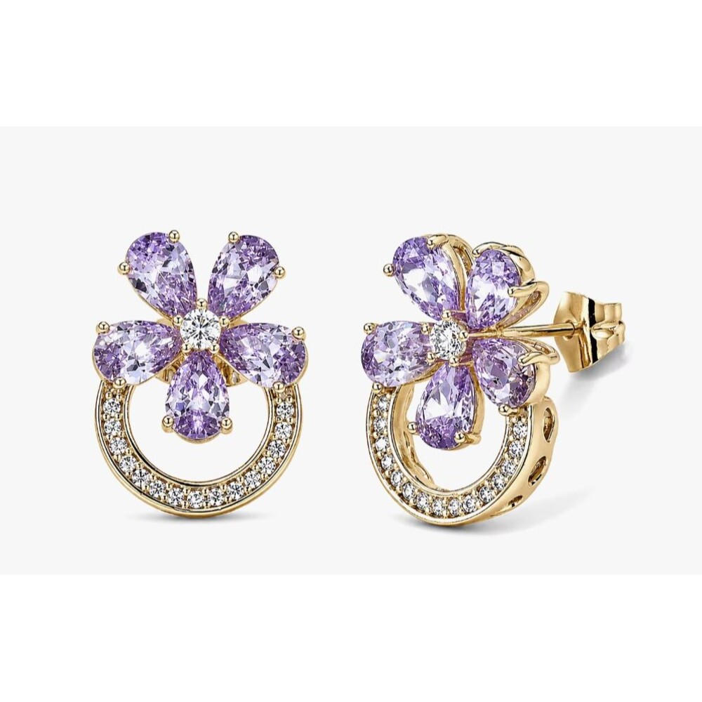 Simulated White and Purple Diamond Flower Earrings in Goldtone